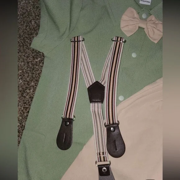 Baby boy bow front shirt and suspender shorts set, 18-24 months, green/tan - Picture 9 of 10